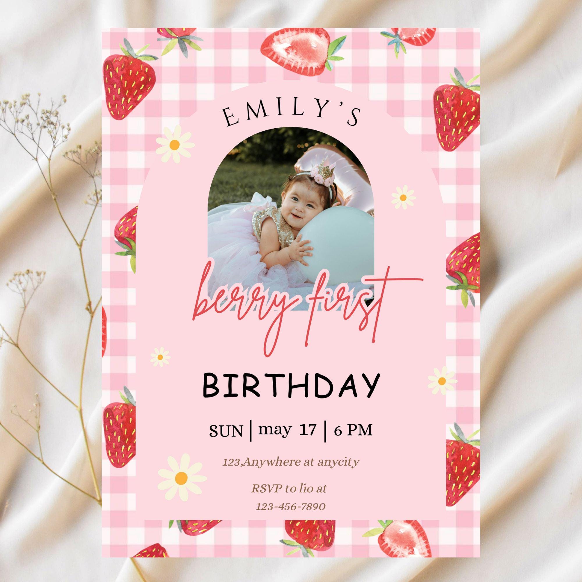 Editable Berry First Birthday Invitation Template, Editable Photo 1st ...