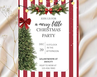 Puede incluir: Invitación a una fiesta de Navidad con un fondo a rayas rojas y blancas. La invitación presenta un árbol de Navidad, un lazo rojo y el texto "Join us for a merry little Christmas party". Luces decorativas y vegetación en la parte superior.