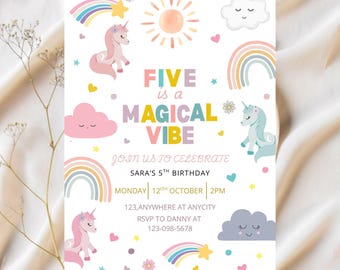 Unicorn Birthday Invitation Canva. Editable Template. Magical 5th Rainbow Party Invite. Instant Download. Colorful Birthday Celebration