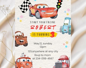 Cars Birthday Invitation, Birthday Invitation, Lightning McQueen Invitation, Kids Birthday Invitation, Digital Invitation, Canva Editable