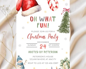 May include: A Christmas party invitation with watercolor illustrations. The design includes a Santa hat, candy cane, Christmas tree, snowman, and a wrapped gift. The text reads "OH WHAT FUN!" and details the party date, time, and location.