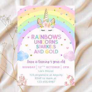 May include: A pastel-colored invitation with a unicorn theme. The design features a rainbow, stars, and clouds. Text includes "Rainbows, Unicorns, Sparkles, and Gold" and party details for Sara's 5th birthday.