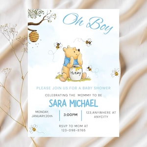 Invito modificabile per baby shower di Winnie the Pooh, invito digitale Oh Boy, invito blu di Winnie the Pooh, modello stampabile di Pooh