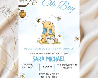 Editable Winnie the Pooh Baby Shower Invitation, Digital Invitation Oh Boy, Blue Winnie The Pooh Invitation, Pooh Printable Template