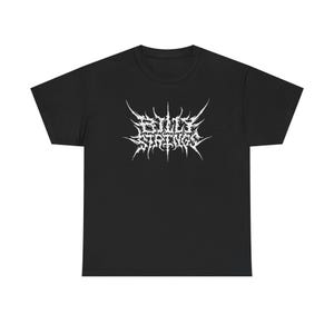May include: Black t-shirt with a white, stylized graphic that reads "Built Strong". The text is in a gothic, spiky font. The shirt is a classic crew neck style.