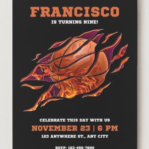 Editable, Orange and Black Modern Illustrative Basketball Birthday Invitation