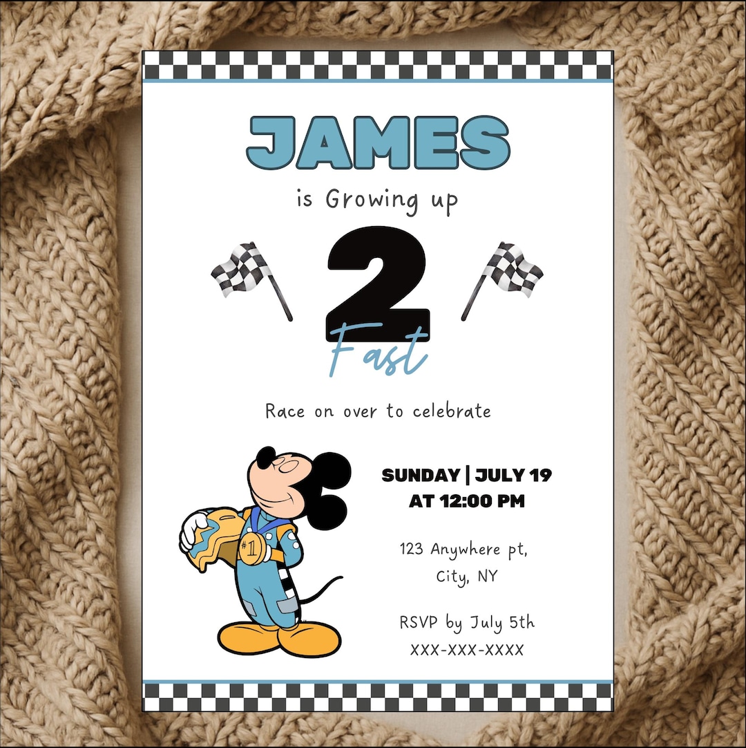 Two Fast Mickey Editable Birthday Invitation | Two Fast Mickey Mouse Roadster Racers ...