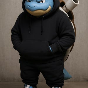 May include: A person in a Blastoise costume wearing a black hoodie, black sweatpants, and blue and white sneakers. The Blastoise head is blue with a yellow underbelly. A brown shell with a white tube is attached to the back.
