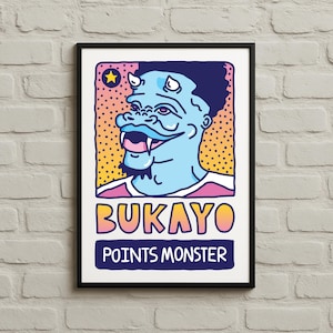 Könnte beinhalten: Gerahmter Kunstdruck mit einer Cartoon-Illustration einer blauhäutigen Kreatur mit Hörnern und Zähnen. Das Kunstwerk enthält den Text "BUKAYO" in Farbverläufen und "POINTS MONSTER" in einem blauen Rechteck.