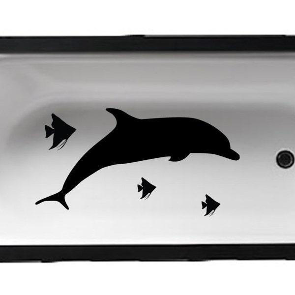 Bathtub Dolphin and fish - Bathroom Décor Tub Decal – Shower Wet Mirror art Tub lather soak unwind relax kids bathroom Ocean scene aquatic