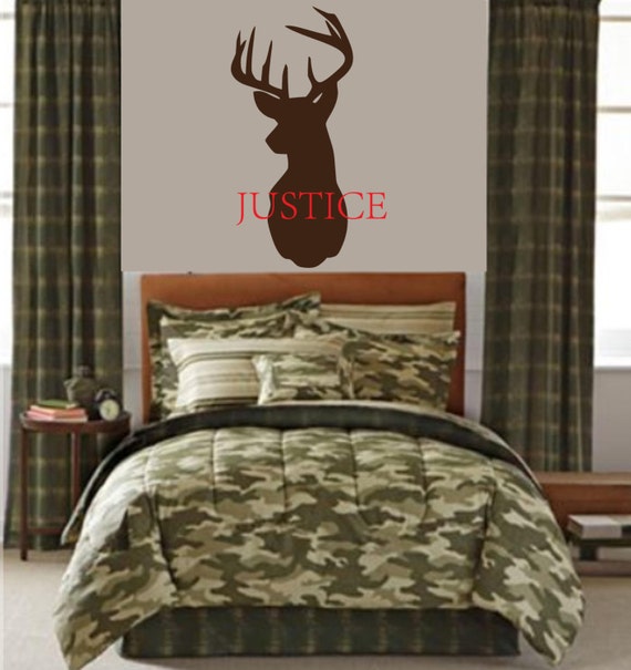 Deer Head Mount Name Wall Decal Personalized Deer Silhouette Dining Living Bedroom Decor Man Cave Hunting Wild Game Headboard Children