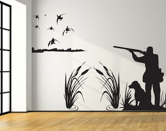 Mallard Duck Hunting Wall Decal- 8ft Large Hunter and dog duck hunting- Boy Girl Nursery Baby, Kids Room Decal, Bedroom, Living, man cave