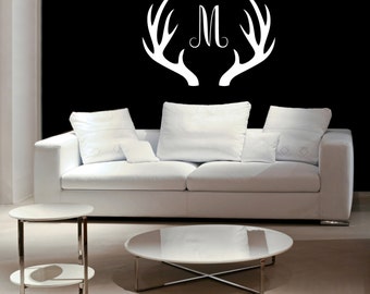 Monogram Antler Wall Decals- Bedroom Dining Living Art Decor Man Cave Hunting Rustic Decoration Game Headboard Children Nursery Christmas