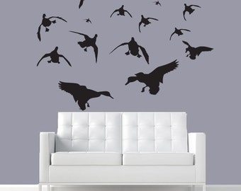 Mallard Wall Decal Silhouettes – 17 ducks waterfowl cave living room, bedroom, Boy Girl Nursery Baby , duck Hunting décor, truck, car, van