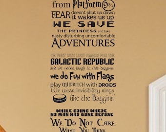 May include: A wall decal with black text on a tan background. The text includes phrases like "In this house we only do geek" and references to Star Wars, Star Trek, and Lord of the Rings.