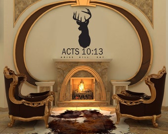 Buck Deer head decal- Acts 10:13 Arise Kill Eat wall Decal Vinyl Early morning buck  bible scripture reference country hunter Living bedroom