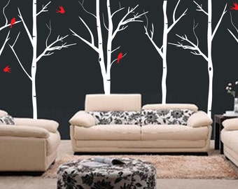 Winter Trees and Birds Bedroom Wall Decal- 6 trees 8 feet tall Bedroom Nursery Hallway Decoration Wall Decal Art Floral Nature Winter