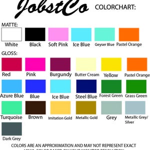 Op de afbeelding: JobstCo kleurenkaart met matte en glanzende vinylopties. Matte kleuren zijn wit, zwart, zachtroze, ijsblauw, geyserblauw en pasteloranje. Glanzende kleuren zijn rood, roze, bordeaux, botercr&egrave;me, geel, oranje, blauw en diverse tinten groen en grijs.