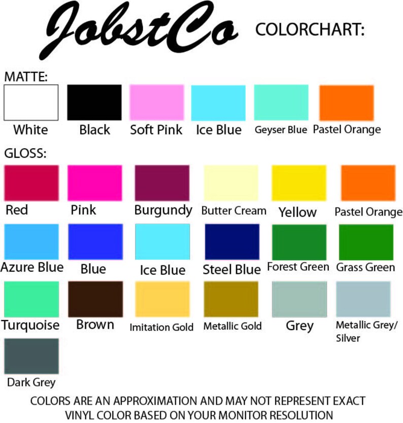 Op de afbeelding: JobstCo kleurenkaart met matte en glanzende vinylopties. Matte kleuren zijn wit, zwart, zachtroze, ijsblauw, geyserblauw en pasteloranje. Glanzende kleuren zijn rood, roze, bordeaux, botercr&egrave;me, geel, oranje, blauw en diverse tinten groen en grijs.
