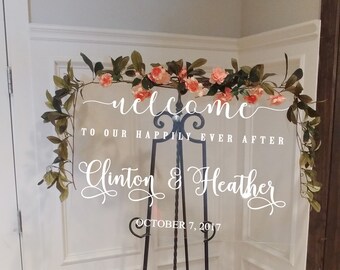 Wedding Welcome To Our Happily Ever After Acrylic Sign V4 Customizable names Weddings Wedding Signs Chalkboard Mirrors rustic wooden lucite