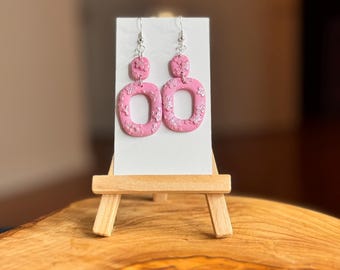 Pink Floral Drop Earrings, Polymer Clay Jewelry with Silver Hooks
