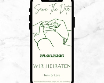 Digitale Save the Date Karte Hochzeit Hände-Illustration creme-grün | WhatsApp Einladung zum Download | individuell anpassbar