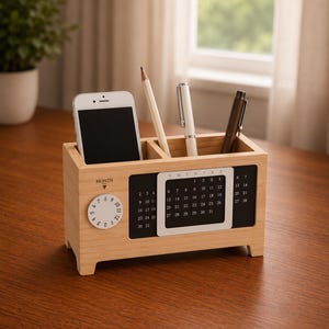 Esdoornhout Bureau Organizer met Kalender Pennenhouder Afstandsbediening Opbergdoos Minimalistisch Kantooraccessoire Desktop Opstelling Esthetisch Briefpapier Cadeau