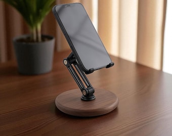 Soporte para teléfono y tableta de madera de nogal negro / Soporte de escritorio ajustable y giratorio de 360 grados con brazo de aluminio / Decoración minimalista para el hogar y la oficina