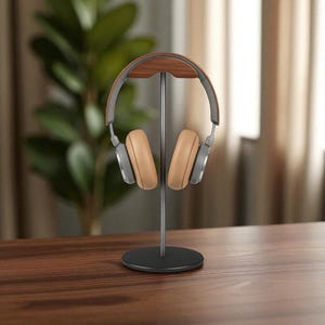 Black Walnut Headphone Stand, Aluminum Headset Holder, Solid Metal Base, Gaming Desk Display, Wood Organizer for Table, Office, Studio, Home