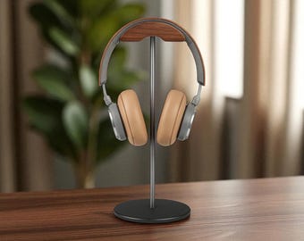 Soporte para auriculares de aluminio con base de metal sólido/soporte de escritorio para juegos, organizador de madera para mesa, oficina, estudio y hogar.