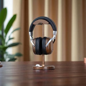 Può includere: Cuffie marroni e nere con dettagli argentati poggiano su un supporto in legno per cuffie. Il supporto ha una base circolare e un supporto verticale in metallo. Lo sfondo è sfocato, con un accenno di pianta e tenda.