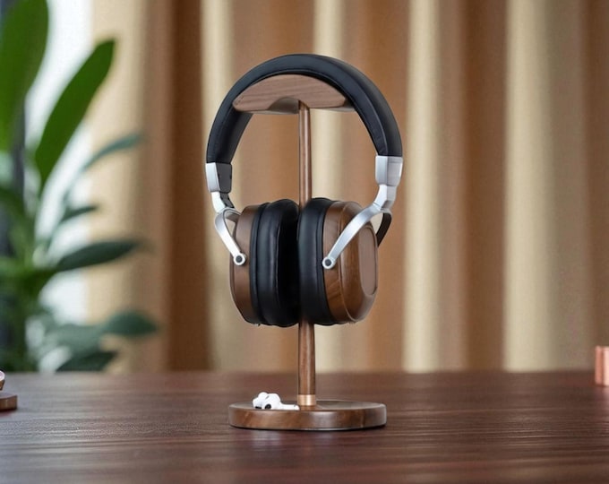 Walnut Wood Headphone Stand | Minimalist Headphone Holder and Gaming Headset Hanger Solid Wood Desk Storage Display Rack for Office Studio