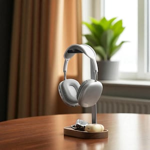 Soporte para auriculares de madera y latón / Soporte minimalista para auriculares / Organizador de escritorio para oficina, juegos, configuración de música, regalo tecnológico genial para él o para hombres