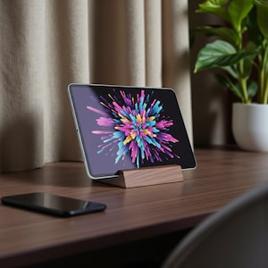 May include: A silver tablet with a vibrant abstract design, held by a wooden stand. A black smartphone sits on the wooden surface. The background features a beige curtain and a potted plant.