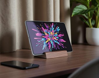 Soporte minimalista de madera para tableta: soporte para escritorio, base de nogal para tabletas, Kindle y tablets. Accesorio de oficina hecho a mano.