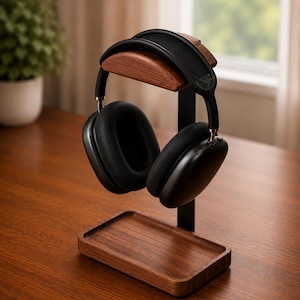 May include: A pair of black over-ear headphones resting on a wooden stand. The stand features a curved top support for the headband and a rectangular base tray made of dark wood, connected by a vertical black metal post for stability.