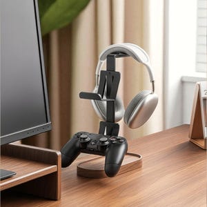 Gaming Setup Organizer with Wooden Base – Headphone & Controller Stand for Desk Organization – Gamer Gift Idea for Home Office Accessories