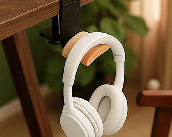 Gancho para auriculares con abrazadera para debajo del escritorio con detalles de madera de haya / Soporte de aluminio para auriculares para juegos, escritorio de oficina, organizador que ahorra espacio