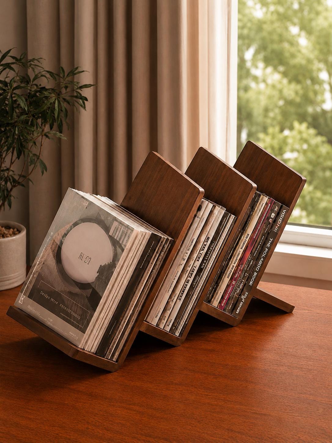 CD Stand Walnut Wood Music Organizer & Holder Adjustable Dividers Album Display Rack Minimalist Desk Decor Music Lover Gift