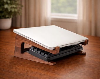 Soporte para portátil de nogal macizo para escritorio / Elevador de madera para portátil con almacenamiento para teclado / Organizador de escritorio de oficina minimalista ergonómico para configuración de trabajo
