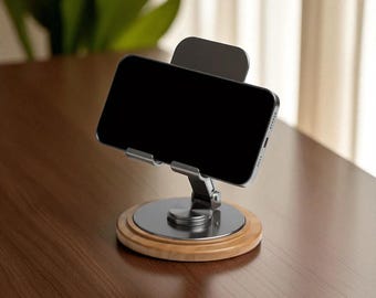 Soporte para teléfono ajustable 360° de nogal y metal / Soporte de escritorio giratorio plegable para teléfono y tableta / Accesorio de escritorio minimalista de oficina con configuración profesional