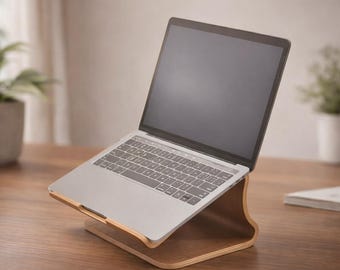 Soporte para portátil de madera de nogal: elevador ergonómico de madera de 45 grados para portátil con ranuras de ventilación, gestión de cables y diseño minimalista para el escritorio.