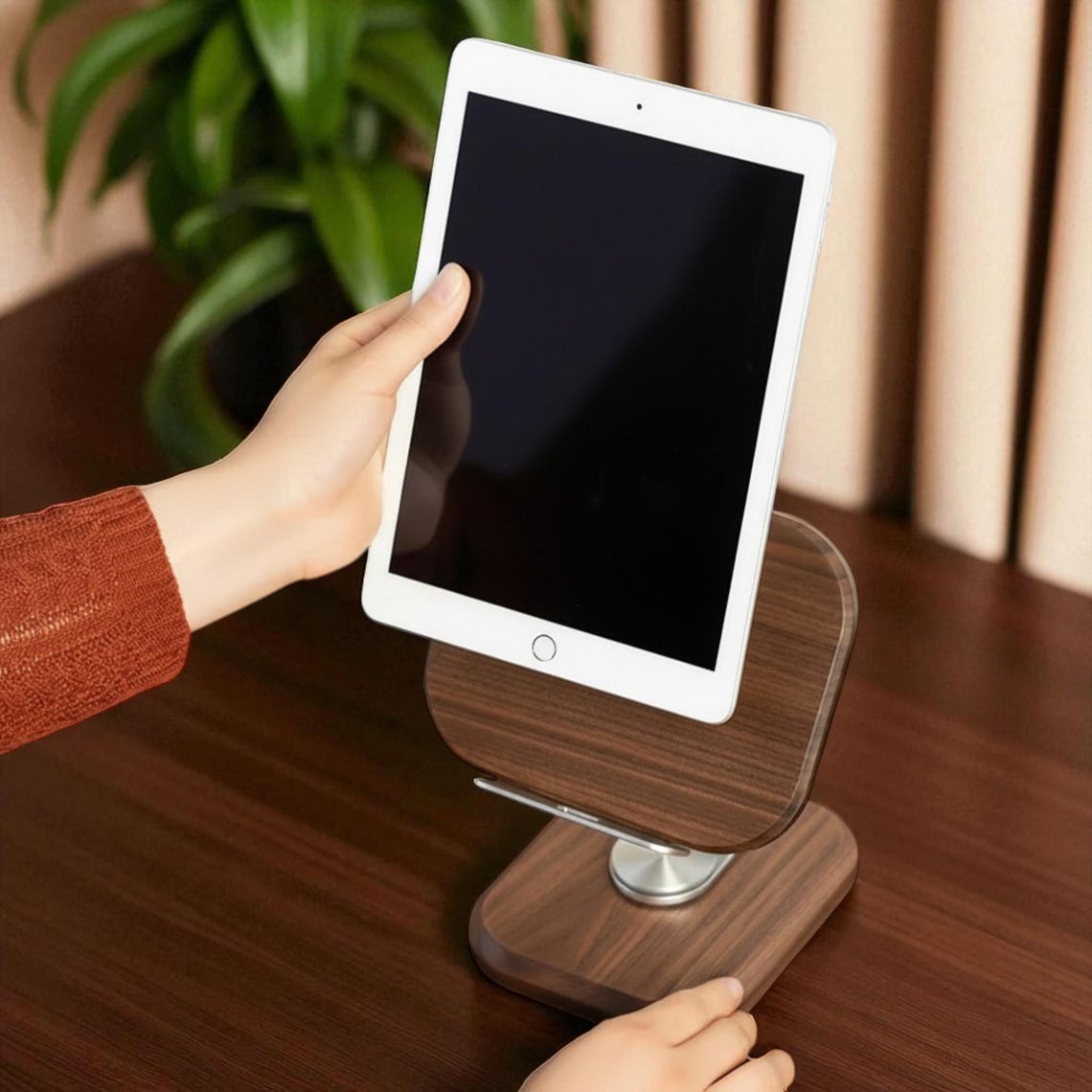 Adjustable Walnut Wood Phone & Tablet Stand | Universal Desk Nightstand ...