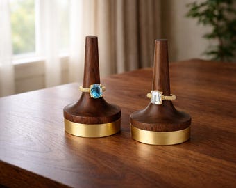 Expositor de anillos de latón en nogal negro. Organizador de anillos de boda. Decoración minimalista para el hogar. Elegante accesorio de escritorio para anillos.