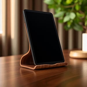 Peut inclure: Un support de tablette en bois, de couleur marron clair, tenant une tablette noire. Le support a un design incurvé et repose sur une surface en bois brun foncé. Un plante et une fenêtre sont visibles en arrière-plan.