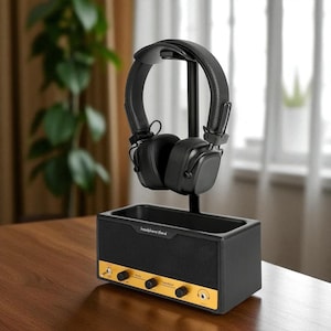 Soporte universal para auriculares negro con barra de soporte y reposacabezas flexible. Ideal para escritorio, juegos, oficina y para él.