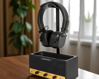 Soporte para auriculares estilo amplificador de guitarra con almacenamiento/organizador de escritorio retro para gamers/oficinas, regalo para audiófilos/músicos.