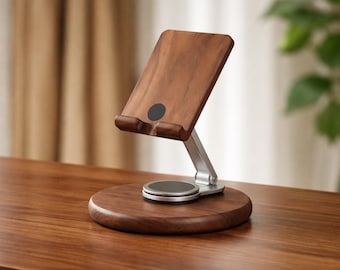 Soporte para teléfono giratorio de 360 grados de madera de nogal: soporte de escritorio ajustable de madera maciza y aluminio con acceso de carga para teléfonos y tabletas.