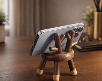 Bonita silla de madera con soporte para teléfono con forma de ciervo/soporte de escritorio de madera maciza para smartphone/decoración kawaii de animales para el hogar y la oficina, idea de regalo para un bonito escritorio.