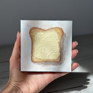 Buttered Toast | Original Oil Painting on Hardboard | Mini Food Art | Small Kitchen Wall Decor | 4x4 in Handmade Butter Breakfast Artwork